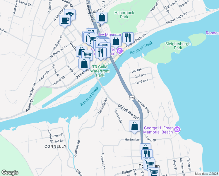 map of restaurants, bars, coffee shops, grocery stores, and more near Wurts Street in Port Ewen