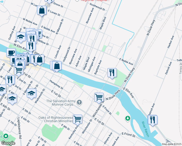 map of restaurants, bars, coffee shops, grocery stores, and more near 155 Baptiste Avenue in Monroe