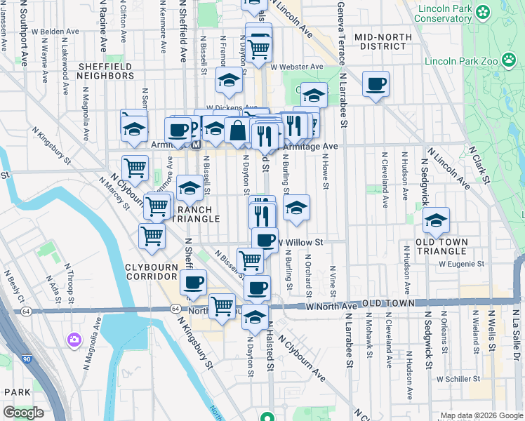 map of restaurants, bars, coffee shops, grocery stores, and more near 1877 North Halsted Street in Chicago