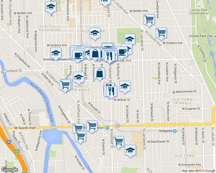 map of restaurants, bars, coffee shops, grocery stores, and more near 1875 North Dayton Street in Chicago