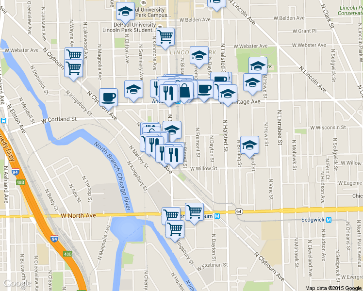 map of restaurants, bars, coffee shops, grocery stores, and more near 1876 North Bissell Street in Chicago