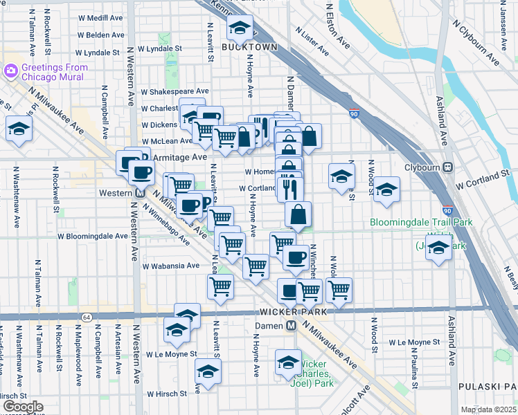 map of restaurants, bars, coffee shops, grocery stores, and more near 2047 West Cortland Street in Chicago