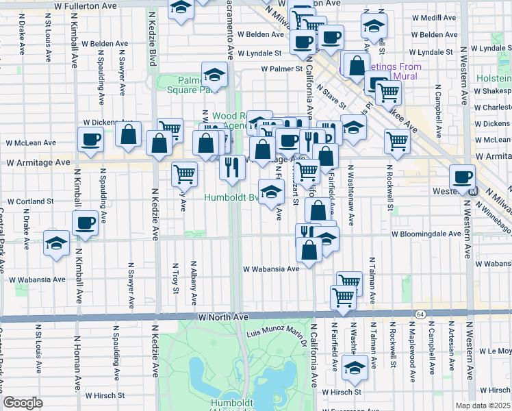 map of restaurants, bars, coffee shops, grocery stores, and more near 1912 North Richmond Street in Chicago