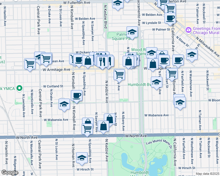 map of restaurants, bars, coffee shops, grocery stores, and more near 1911 North Kedzie Avenue in Chicago