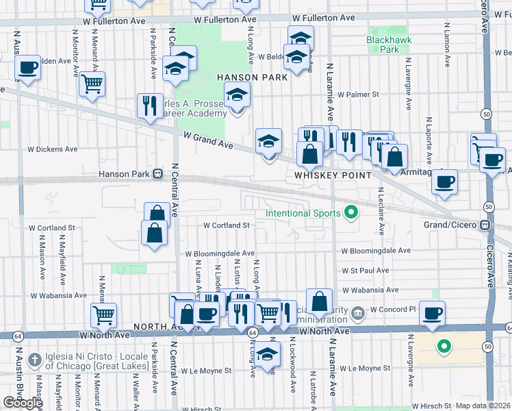 map of restaurants, bars, coffee shops, grocery stores, and more near 5358 West Hanson Avenue in Chicago