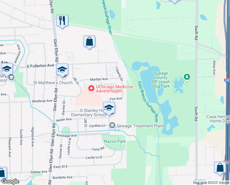 map of restaurants, bars, coffee shops, grocery stores, and more near 1530 Liberty Drive in Glendale Heights