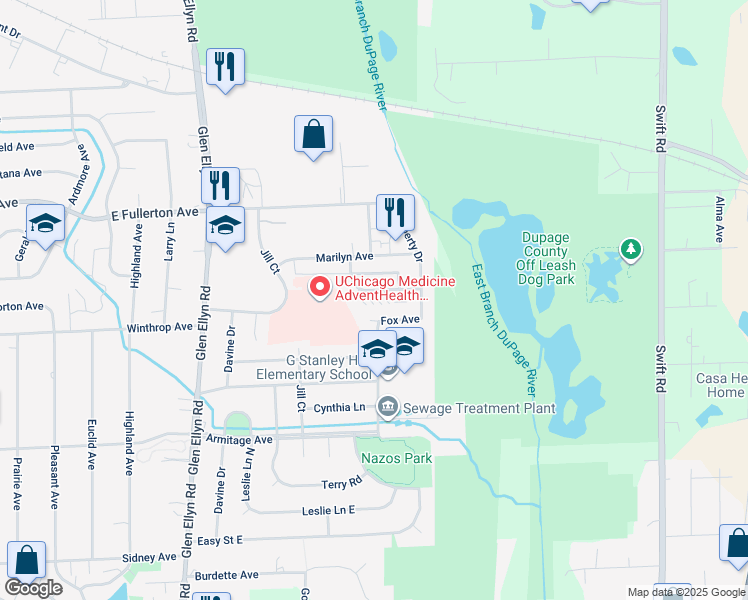 map of restaurants, bars, coffee shops, grocery stores, and more near 747 Asbury Drive in Glendale Heights