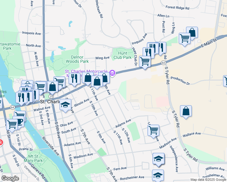 map of restaurants, bars, coffee shops, grocery stores, and more near 124-198 South 13th Avenue in St. Charles