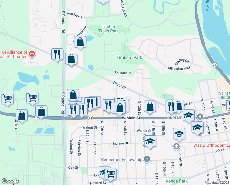 map of restaurants, bars, coffee shops, grocery stores, and more near 201 North 15th Street in St. Charles
