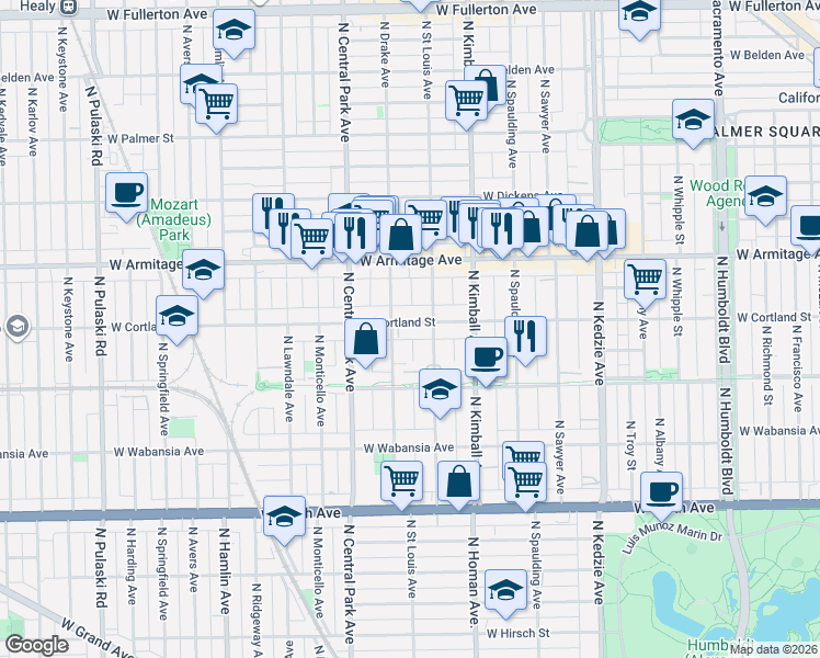 map of restaurants, bars, coffee shops, grocery stores, and more near 3521 West Cortland Street in Chicago
