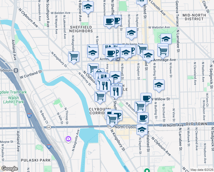 map of restaurants, bars, coffee shops, grocery stores, and more near 1860 North Maud Avenue in Chicago