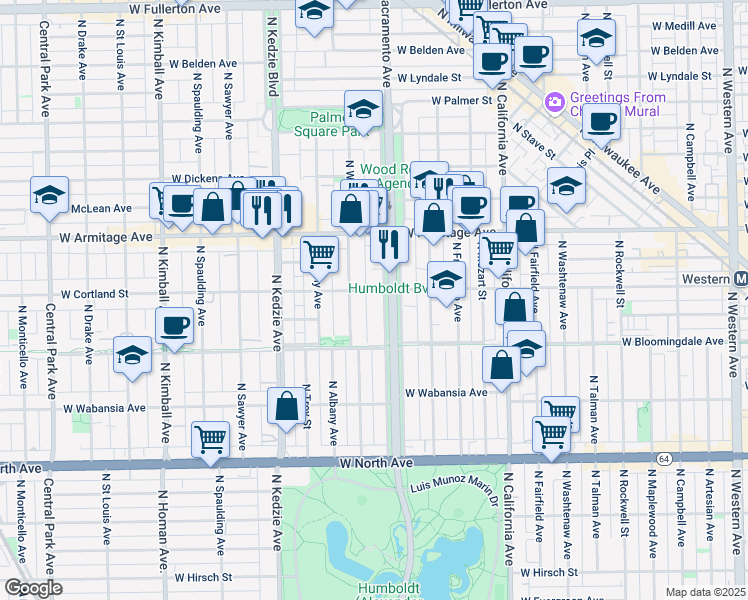 map of restaurants, bars, coffee shops, grocery stores, and more near 1850 North Humboldt Boulevard in Chicago