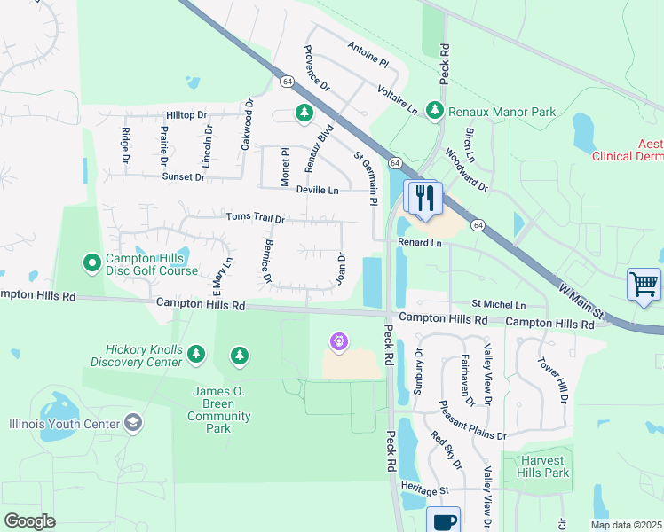 map of restaurants, bars, coffee shops, grocery stores, and more near 38W244 Joan Court in St. Charles