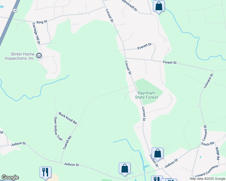 map of restaurants, bars, coffee shops, grocery stores, and more near 869 Locust Street in Raynham
