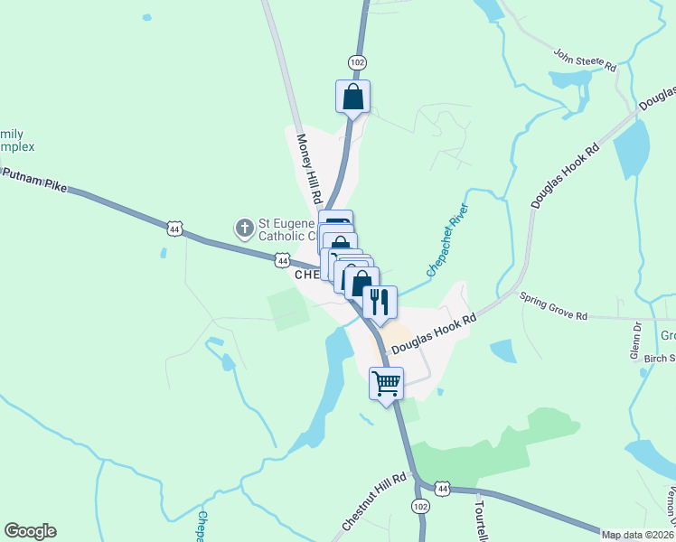map of restaurants, bars, coffee shops, grocery stores, and more near 1195 Putnam Pike in Glocester