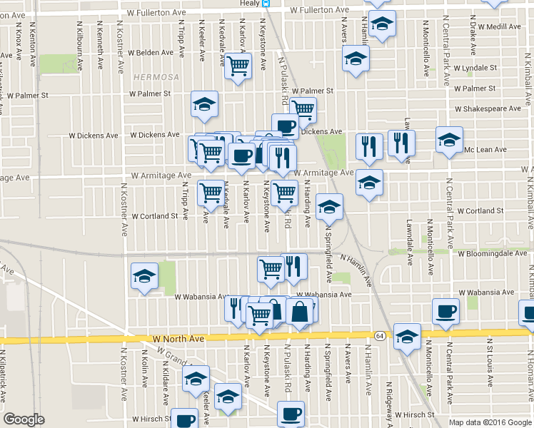 map of restaurants, bars, coffee shops, grocery stores, and more near West Cortland Street & North Keystone Avenue in Chicago