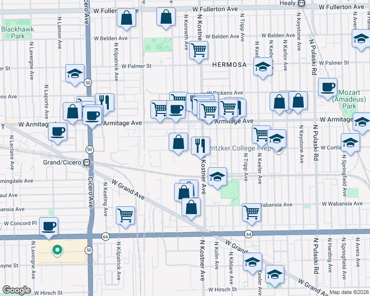 map of restaurants, bars, coffee shops, grocery stores, and more near 1924 North Kenneth Avenue in Chicago