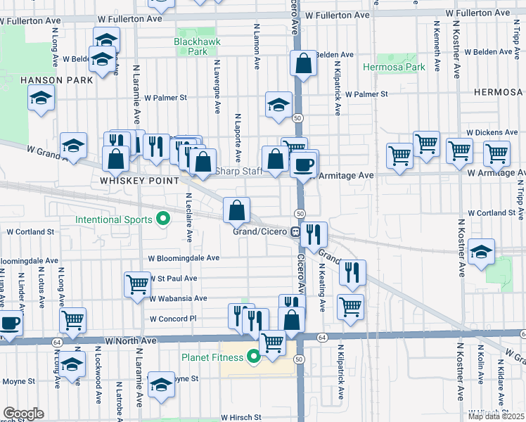 map of restaurants, bars, coffee shops, grocery stores, and more near 4858 West Homer Street in Chicago