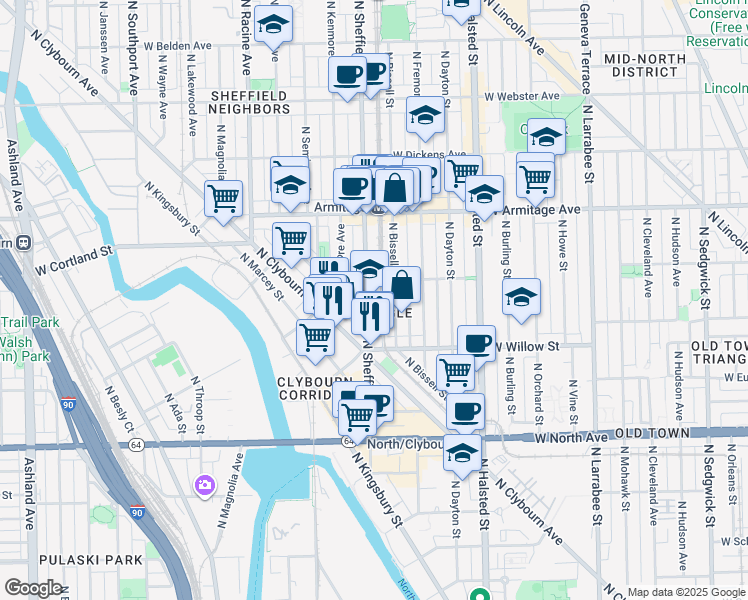 map of restaurants, bars, coffee shops, grocery stores, and more near 1855 North Sheffield Avenue in Chicago
