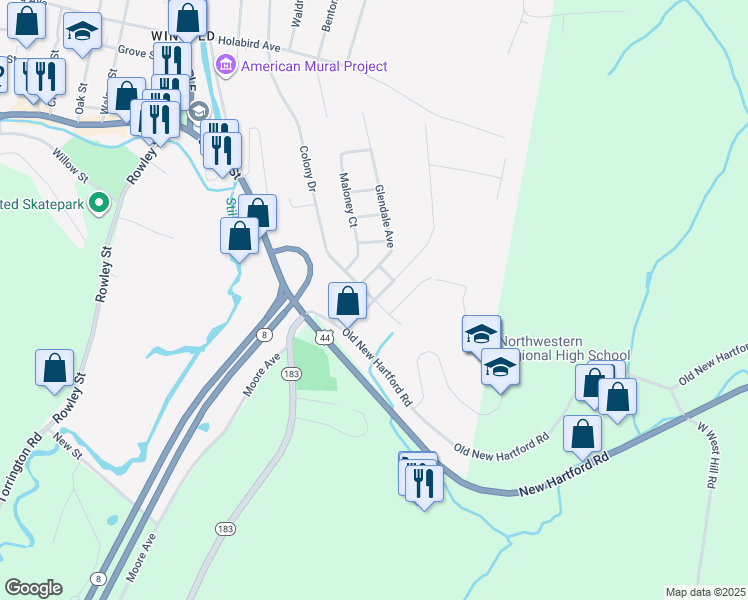 map of restaurants, bars, coffee shops, grocery stores, and more near 36 Oakdale Avenue in Winchester