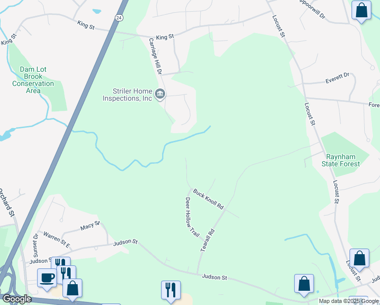 map of restaurants, bars, coffee shops, grocery stores, and more near 219 Buck Knoll Road in Raynham