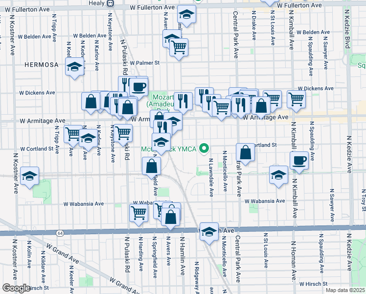 map of restaurants, bars, coffee shops, grocery stores, and more near 1899 North Hamlin Avenue in Chicago