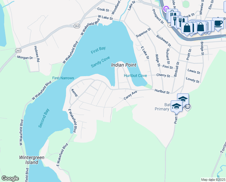 map of restaurants, bars, coffee shops, grocery stores, and more near 170 Shore Drive in Winsted