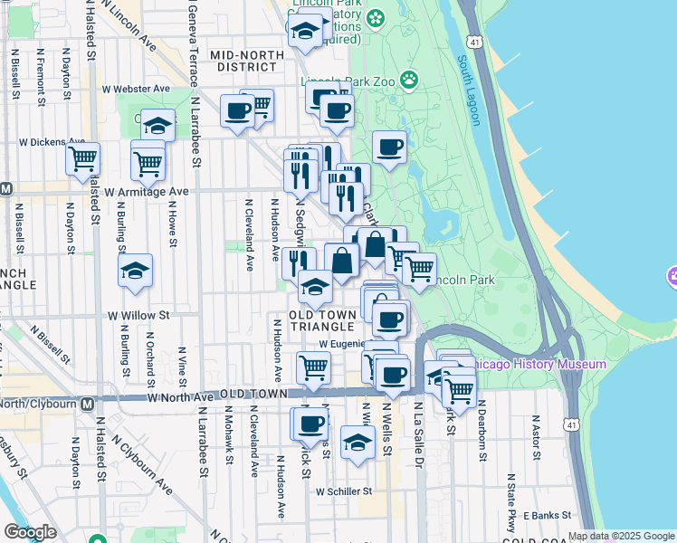 map of restaurants, bars, coffee shops, grocery stores, and more near 1840 North Orleans Street in Chicago