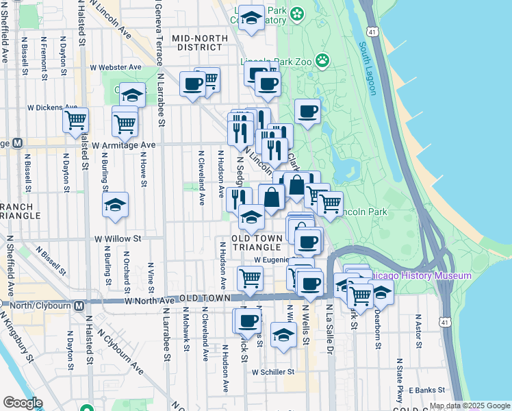 map of restaurants, bars, coffee shops, grocery stores, and more near 1840 North Orleans Street in Chicago