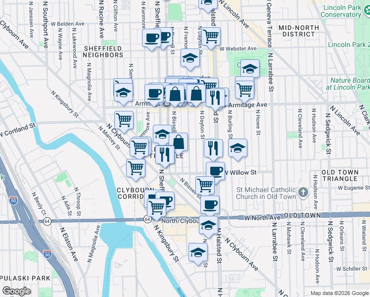 map of restaurants, bars, coffee shops, grocery stores, and more near 1875 North Fremont Street in Chicago