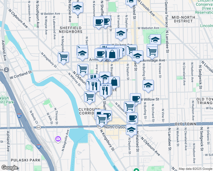 map of restaurants, bars, coffee shops, grocery stores, and more near 1876 North Bissell Street in Chicago
