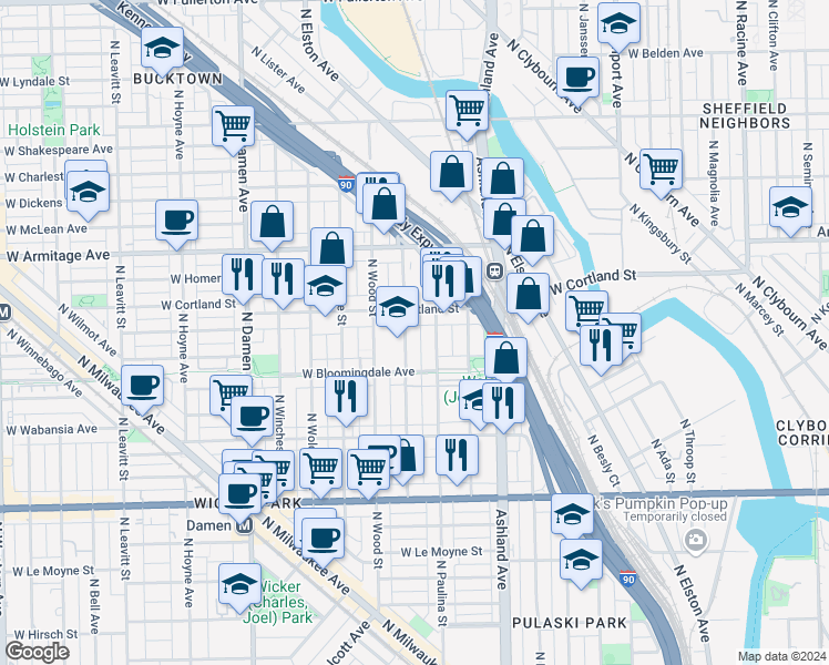 map of restaurants, bars, coffee shops, grocery stores, and more near 1858 North Paulina Street in Chicago