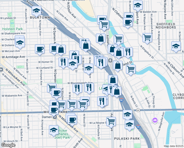 map of restaurants, bars, coffee shops, grocery stores, and more near 1858 North Paulina Street in Chicago