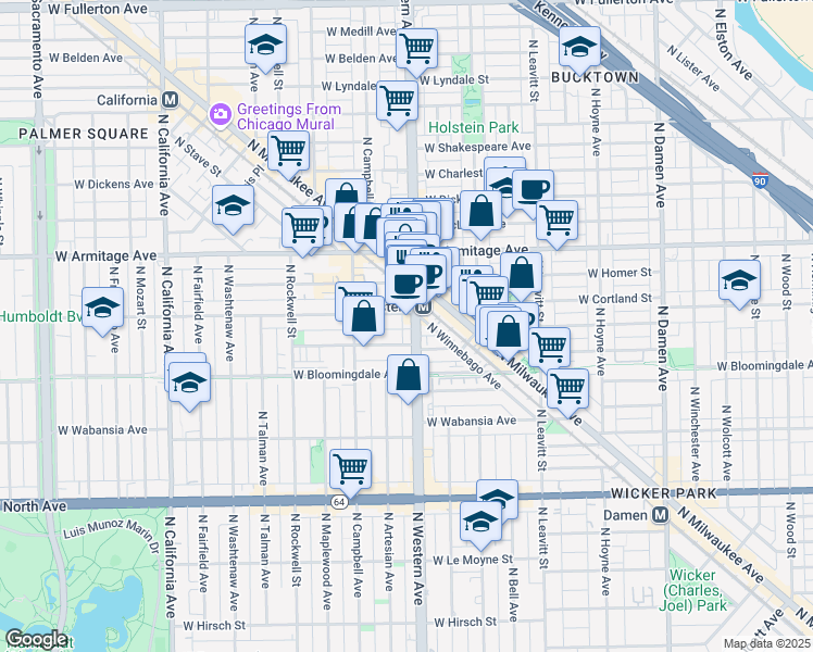 map of restaurants, bars, coffee shops, grocery stores, and more near 1900 North Western Avenue in Chicago