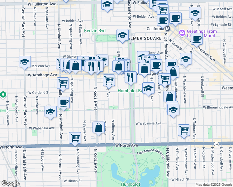 map of restaurants, bars, coffee shops, grocery stores, and more near 1911 North Whipple Street in Chicago