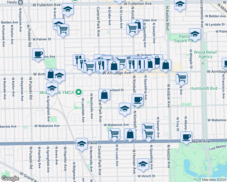 map of restaurants, bars, coffee shops, grocery stores, and more near 1918 North Drake Avenue in Chicago