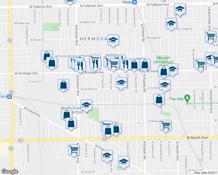 map of restaurants, bars, coffee shops, grocery stores, and more near 1923 North Tripp Avenue in Chicago