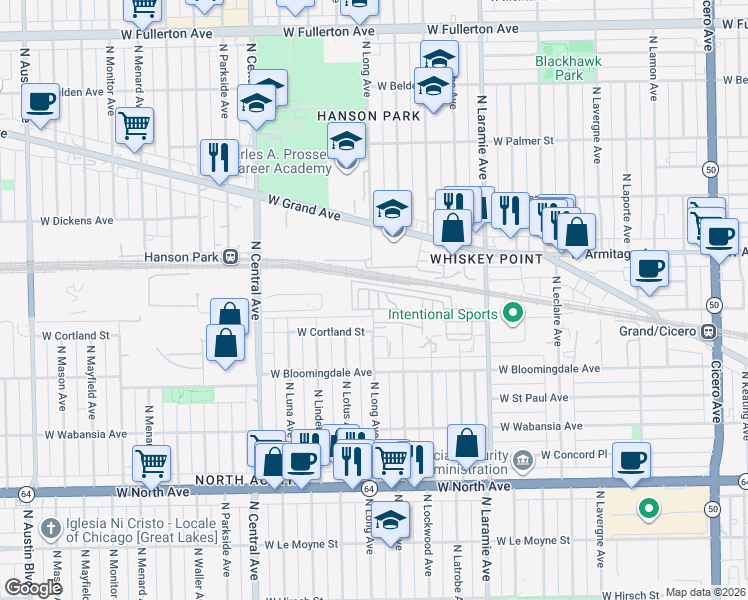 map of restaurants, bars, coffee shops, grocery stores, and more near 5358 West Hanson Avenue in Chicago