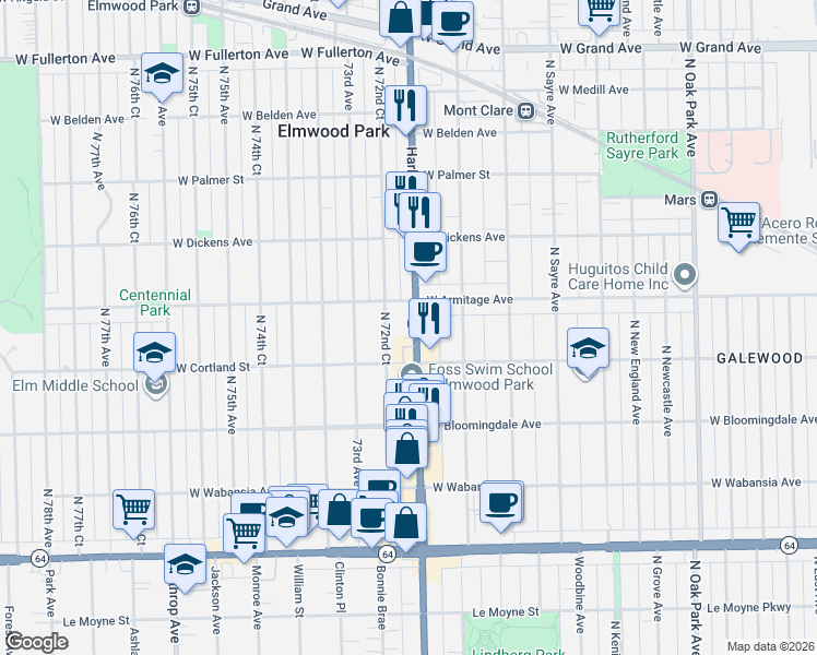 map of restaurants, bars, coffee shops, grocery stores, and more near 1947 North 72nd Court in Elmwood Park