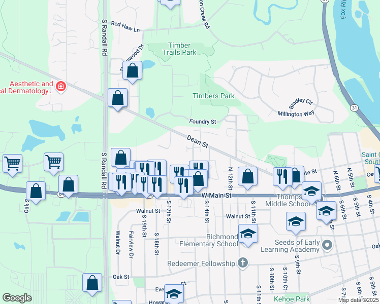 map of restaurants, bars, coffee shops, grocery stores, and more near 1437 Dean Street in St. Charles