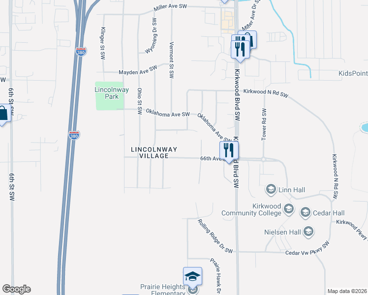 map of restaurants, bars, coffee shops, grocery stores, and more near 85 Florida Avenue Southwest in Cedar Rapids