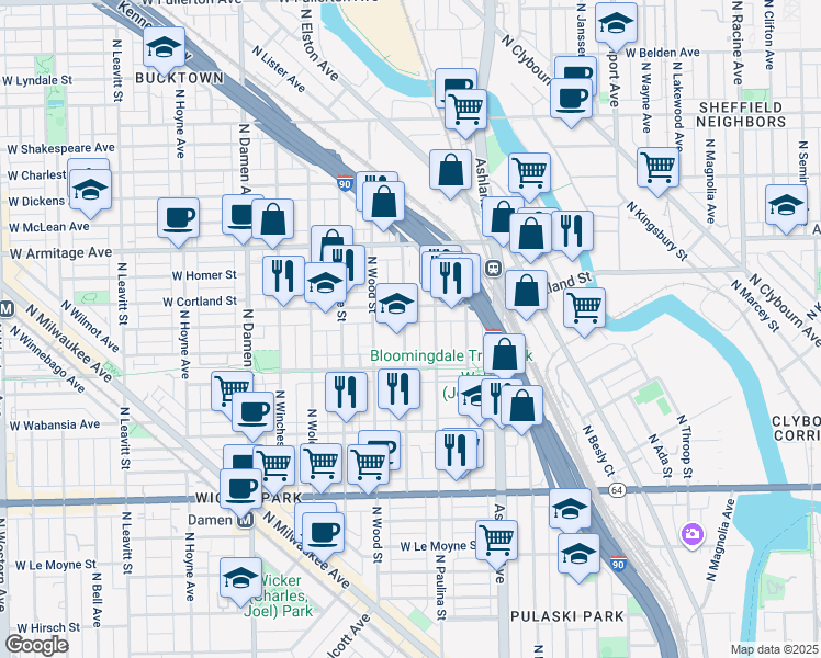 map of restaurants, bars, coffee shops, grocery stores, and more near 1858 North Paulina Street in Chicago