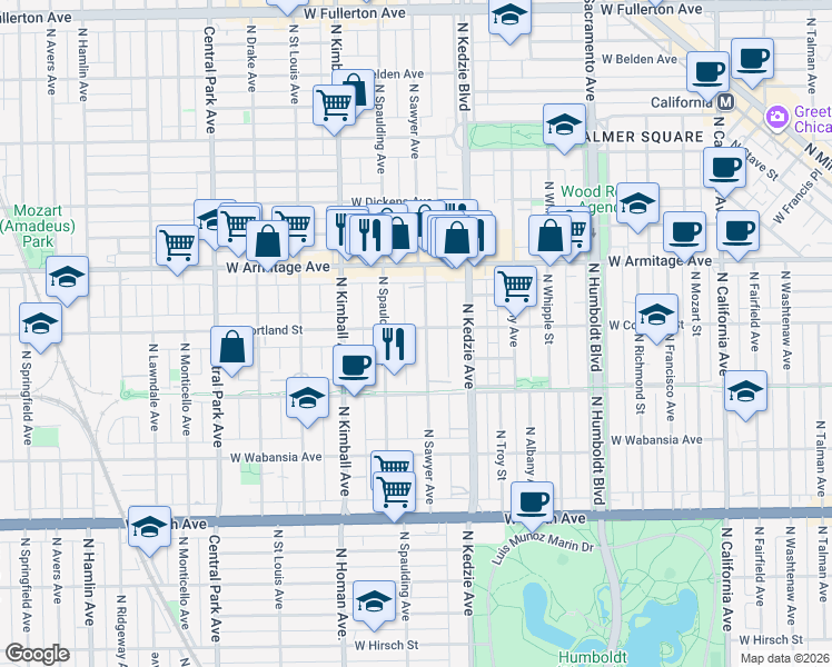 map of restaurants, bars, coffee shops, grocery stores, and more near 1856 North Sawyer Avenue in Chicago