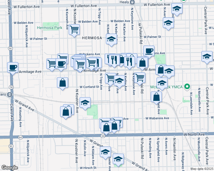 map of restaurants, bars, coffee shops, grocery stores, and more near 1923 North Tripp Avenue in Chicago