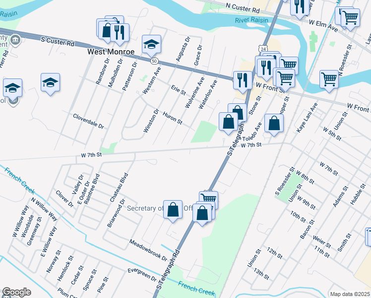 map of restaurants, bars, coffee shops, grocery stores, and more near West 7th Street in Monroe