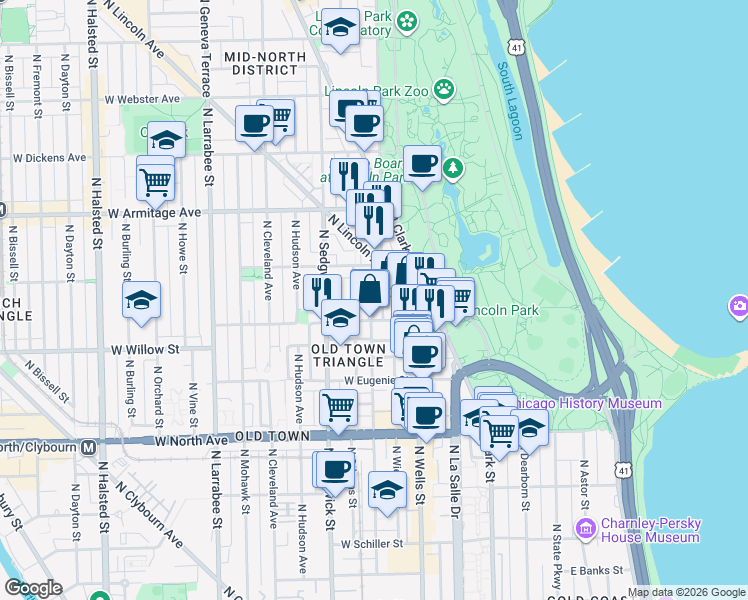 map of restaurants, bars, coffee shops, grocery stores, and more near 1824 North Lincoln Park West in Chicago