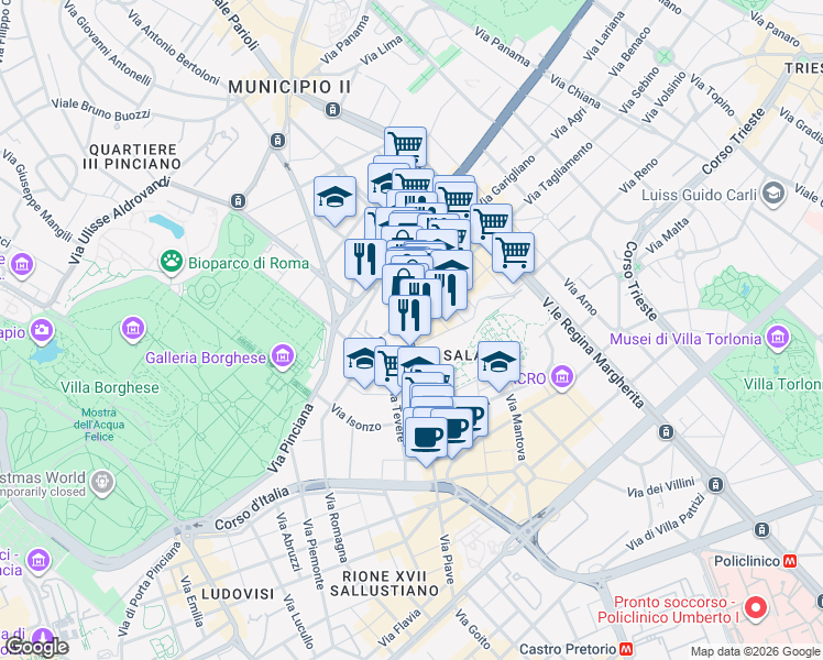map of restaurants, bars, coffee shops, grocery stores, and more near 50/C Via Po in Rome