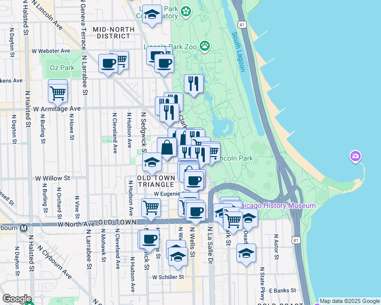 map of restaurants, bars, coffee shops, grocery stores, and more near 2073 North Wells Street in Chicago