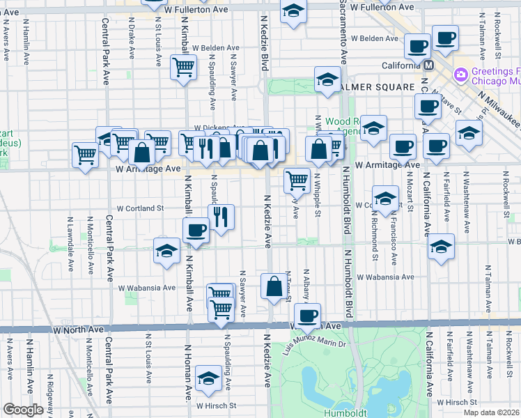 map of restaurants, bars, coffee shops, grocery stores, and more near 1858 North Kedzie Avenue in Chicago