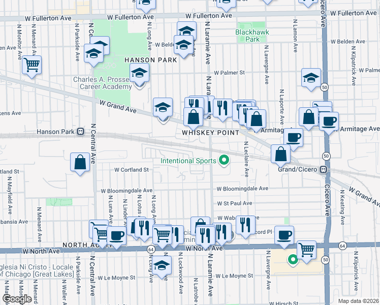 map of restaurants, bars, coffee shops, grocery stores, and more near 1860 North Laramie Avenue in Chicago